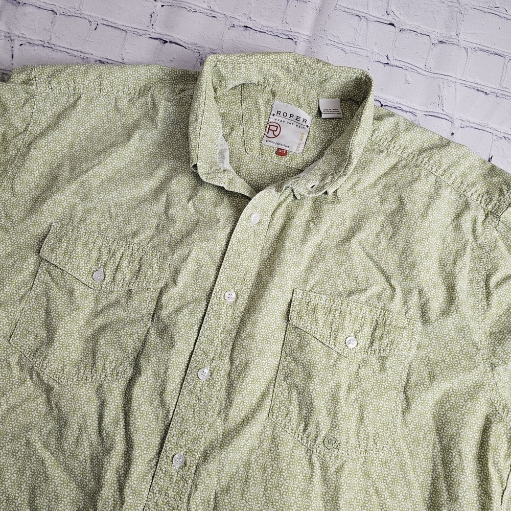Roper Mens Short Sleeve Button Down Shirt XLT TALL Green Print Western Rodeo